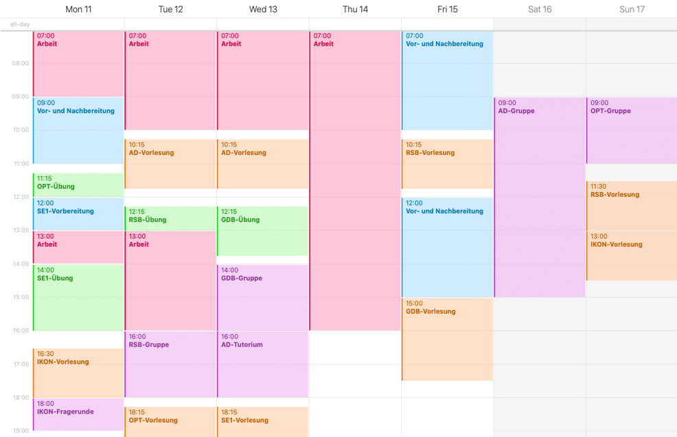 Wochenplan für das Semester